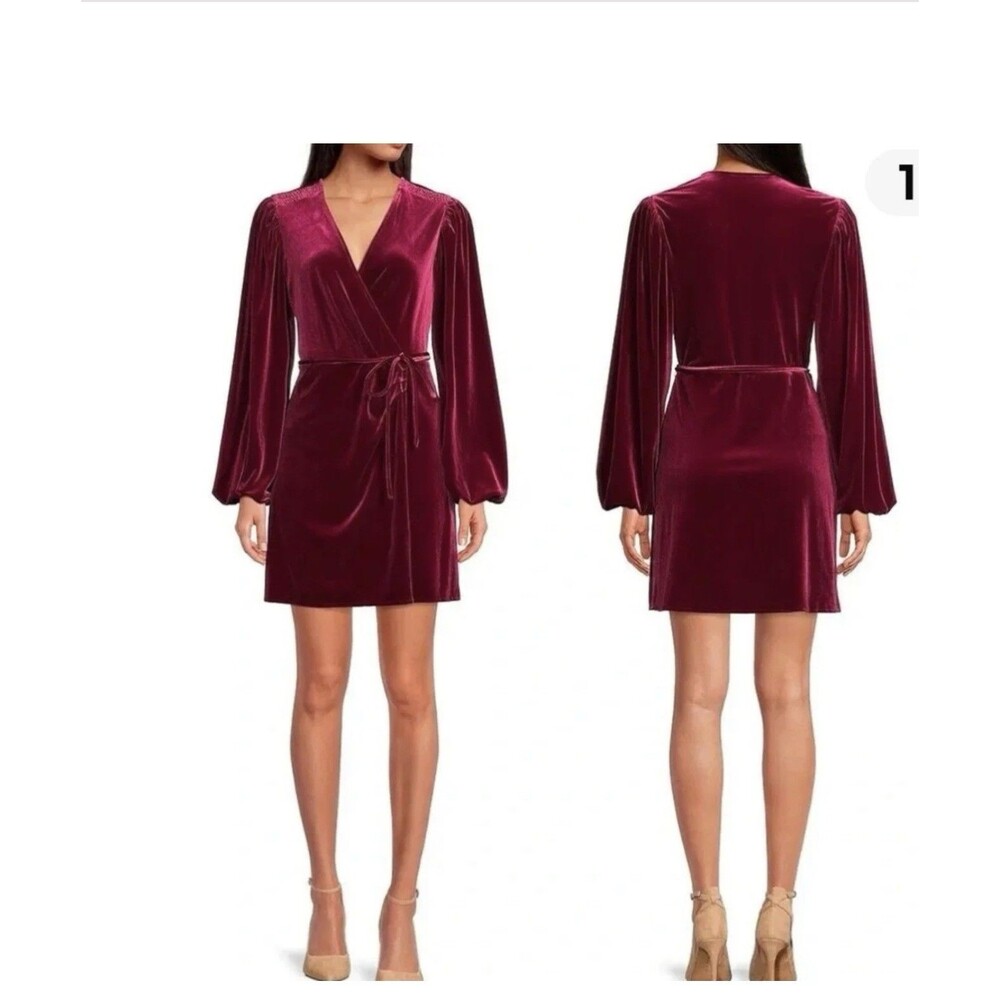 Gianni Bini Leighton Velvet Wrap Dress XL Burgundy V Neck Mini Puff Sleeves New